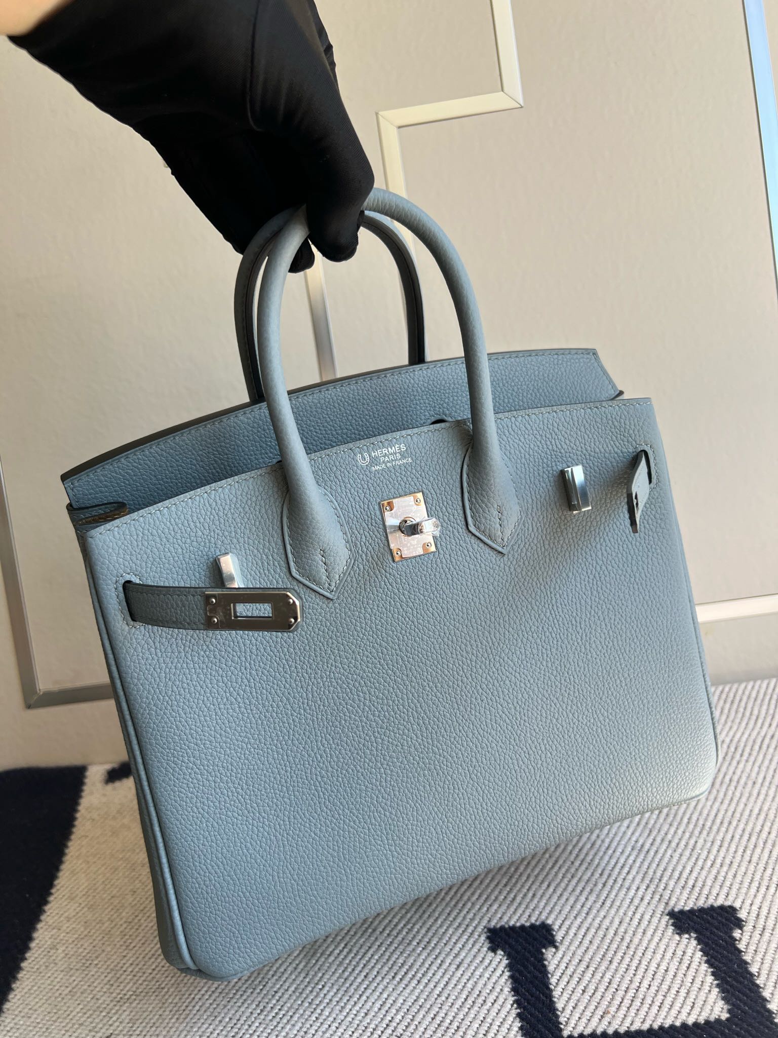 Hermès（爱马仕）Birkin 铂金包 原厂小牛皮 togo J7 亚麻蓝 内拼 威玛犬米色 银扣 PHW 马蹄印 25cm