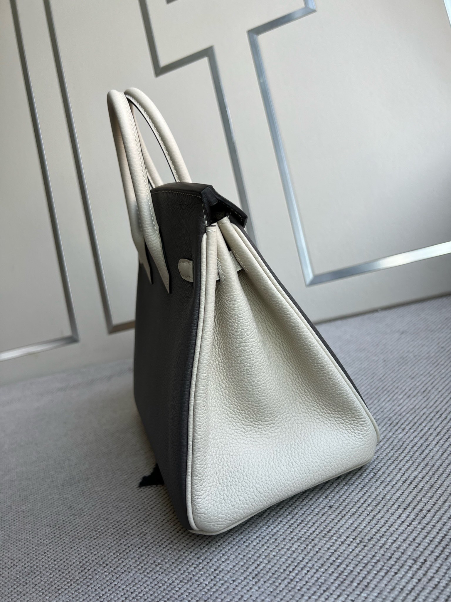 Hermès（爱马仕）Birkin Togo 8F 锡器灰 Etain 拼 奶昔白 Craie 磨砂金扣 马蹄印 25cm 顶级手缝
