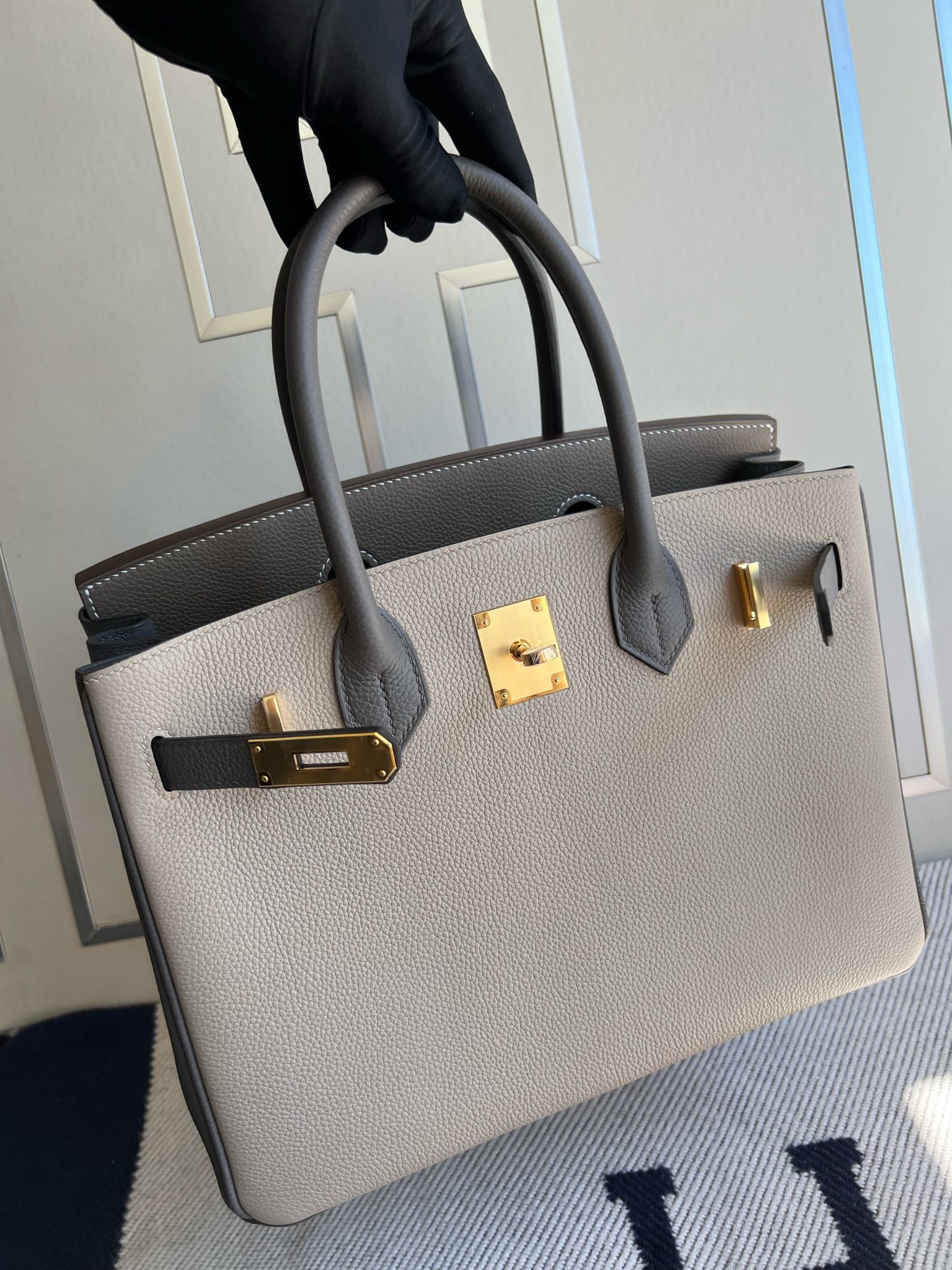 Hermès（爱马仕）Birkin 铂金包 原厂小牛皮 togo 斑鸠灰 拼 大象灰 拼 锡器灰 金扣 GHW 马蹄印 30cm