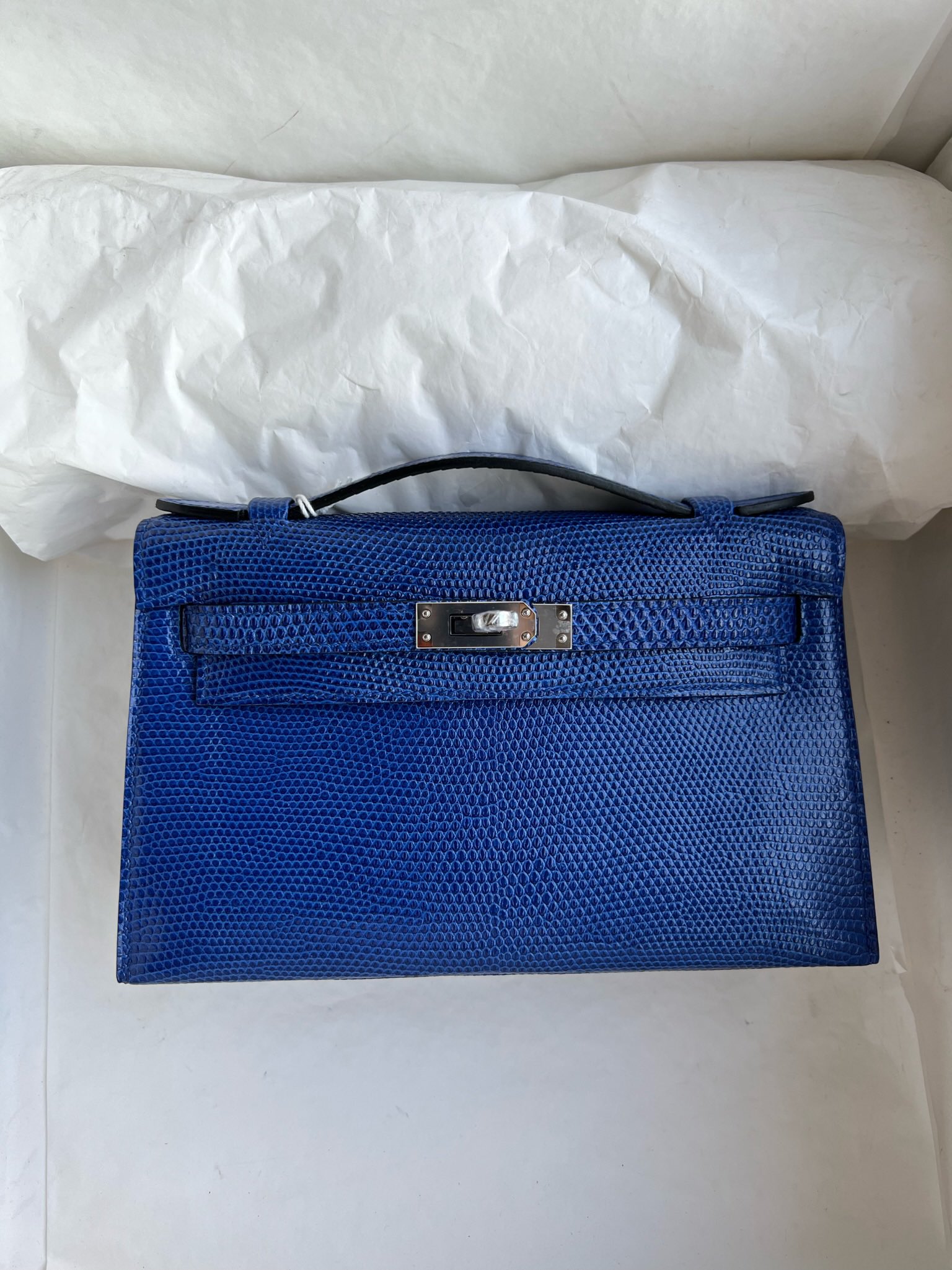 Hermès（爱马仕）Mini pochette Lizard 进口亮面蜥蜴 7T 电光蓝 Blue eletric 银扣 PHW 22cm 手拿包 晚宴包