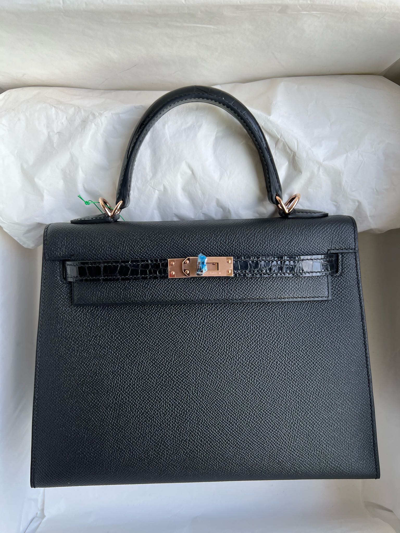 Hermès（爱马仕）Kelly 凯莉包 Touch 系列 Epsom 原厂掌纹皮 拼 亮面鳄鱼 ck89 黑色 Noir 玫瑰金扣 25cm 顶级手缝