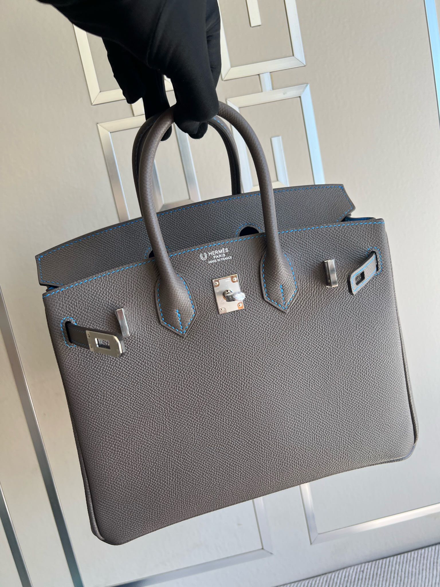 Hermès（爱马仕）Birkin 铂金包 Epsom 原厂掌纹皮 8F 锡器灰 内拼 水妖蓝 银扣 PHW 马蹄印 25cm