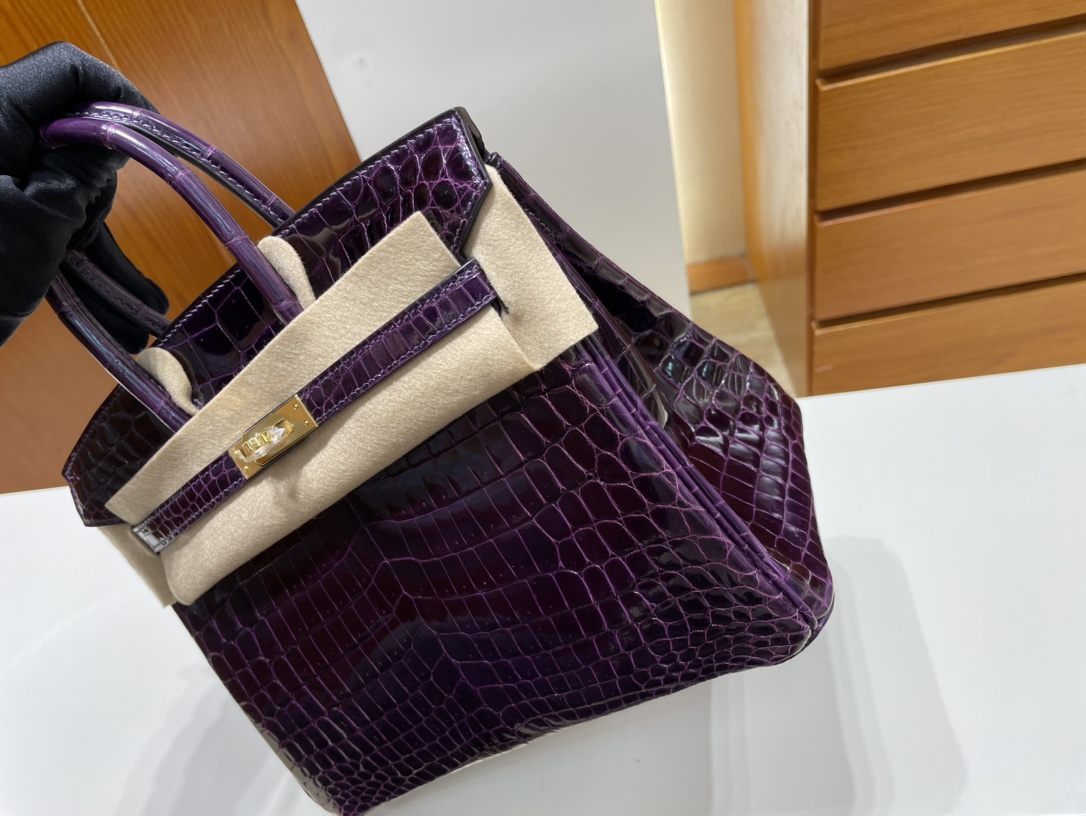 Hermès（爱马仕）Birkin 铂金包 Crocodile shiny 亮面鳄鱼 9G 水晶紫 金扣 GHW 25cm 顶级手缝