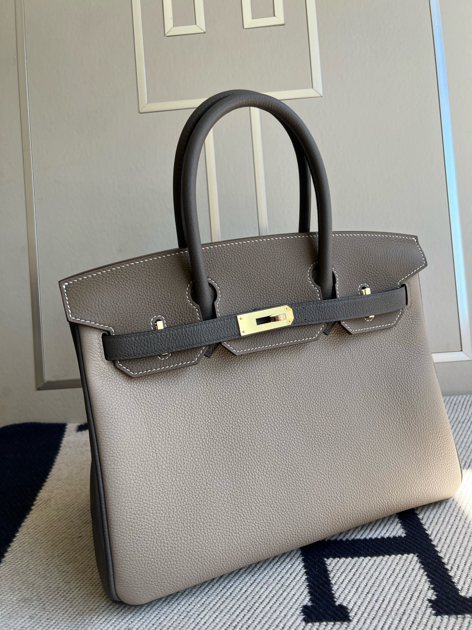 Hermès（爱马仕）Birkin 铂金包 原厂小牛皮 togo 斑鸠灰 拼 大象灰 拼 锡器灰 金扣 GHW 马蹄印 30cm