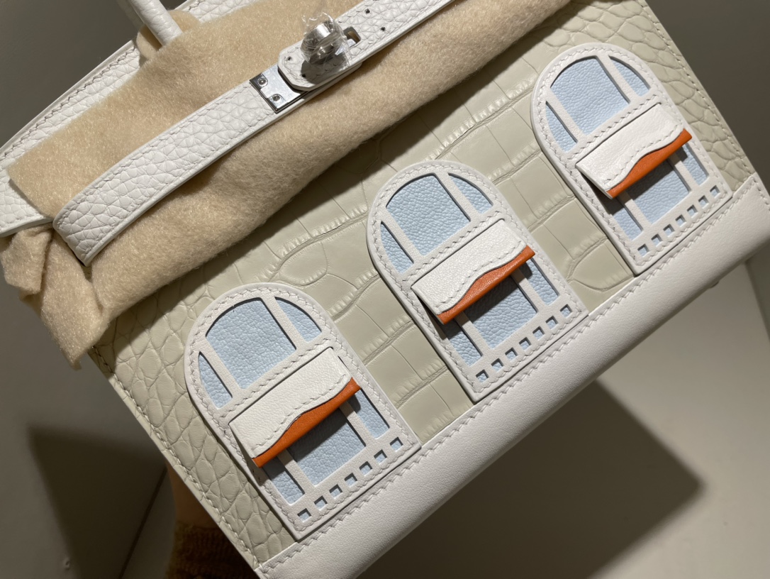 Hermès（爱马仕）Birkin 小房子包 雾面鳄鱼皮 8L 冰川白 拼 01 纯白 外缝 银扣 20cm