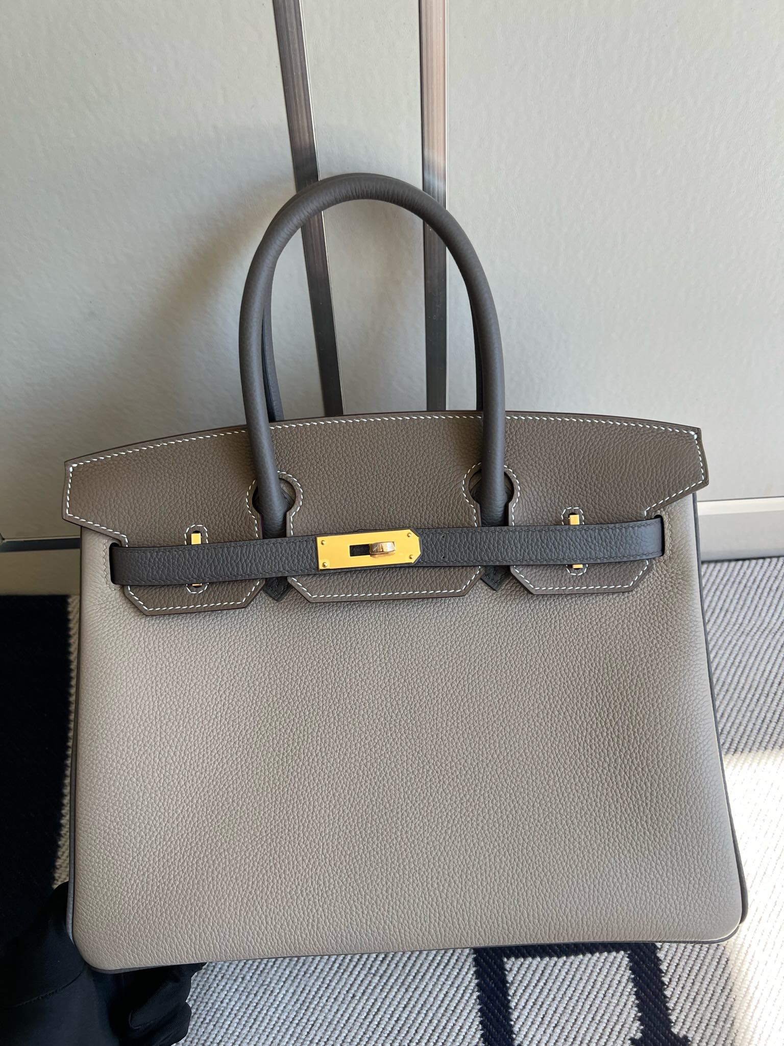 Hermès（爱马仕）Birkin 铂金包 原厂小牛皮 togo 斑鸠灰 拼 大象灰 拼 锡器灰 金扣 GHW 马蹄印 30cm