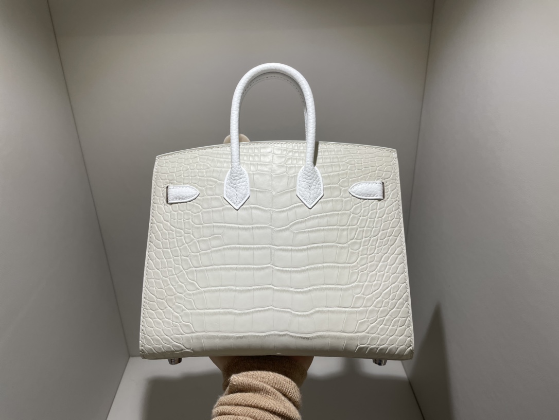 Hermès（爱马仕）Birkin 小房子包 雾面鳄鱼皮 8L 冰川白 拼 01 纯白 外缝 银扣 20cm