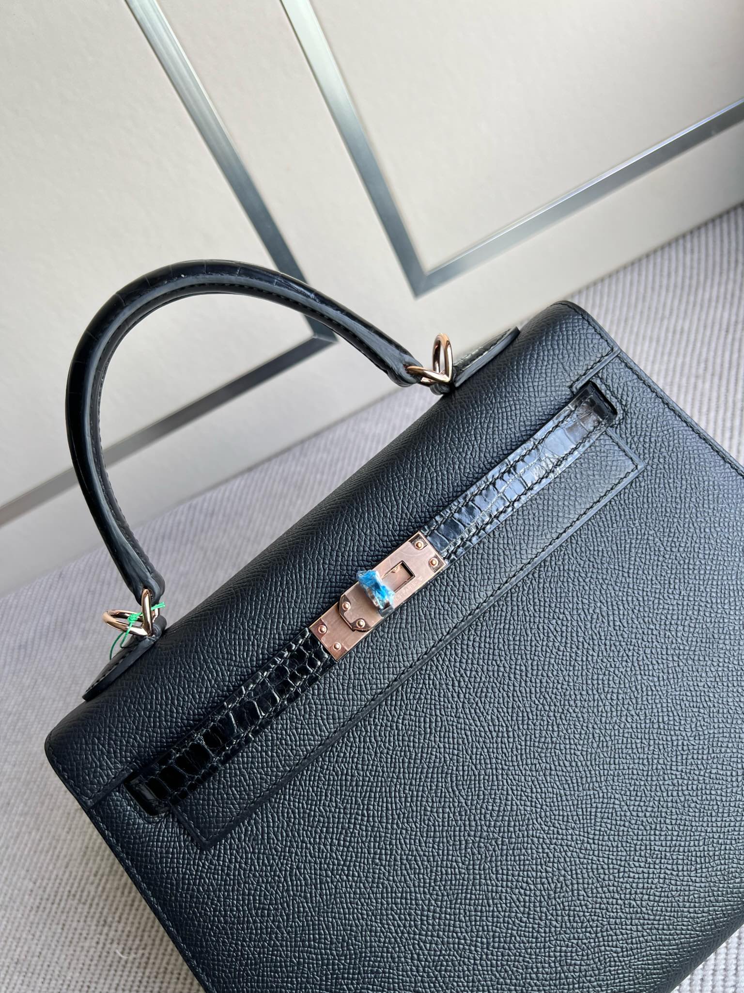 Hermès（爱马仕）Kelly 凯莉包 Touch 系列 Epsom 原厂掌纹皮 拼 亮面鳄鱼 ck89 黑色 Noir 玫瑰金扣 25cm 顶级手缝