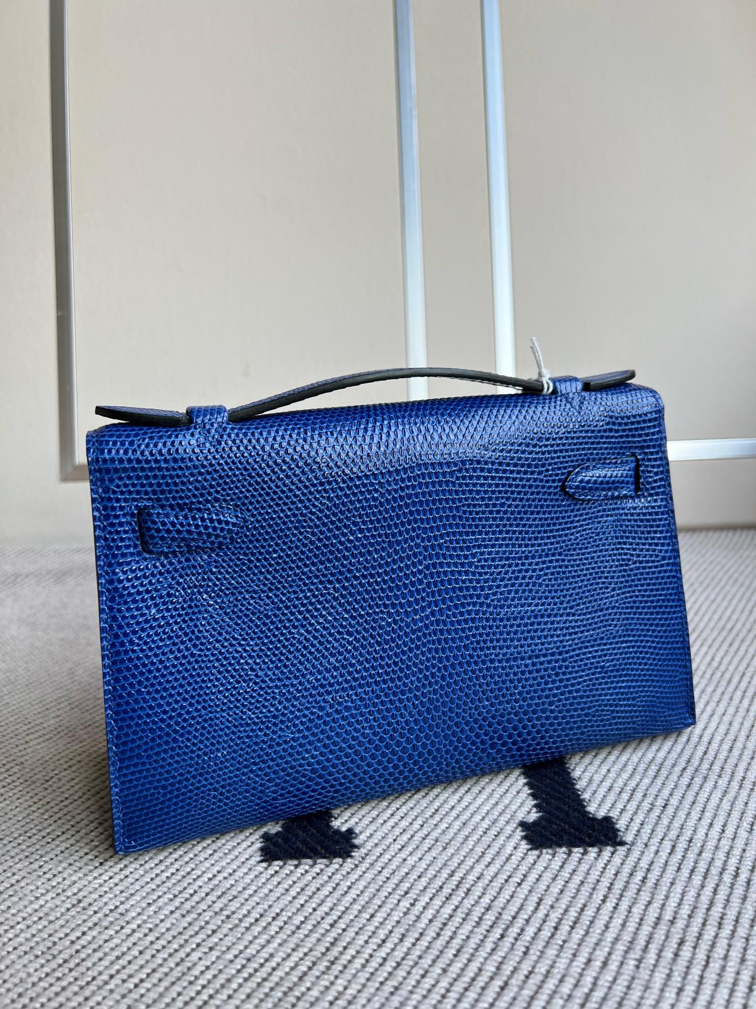 Hermès（爱马仕）Mini pochette Lizard 进口亮面蜥蜴 7T 电光蓝 Blue eletric 银扣 PHW 22cm 手拿包 晚宴包