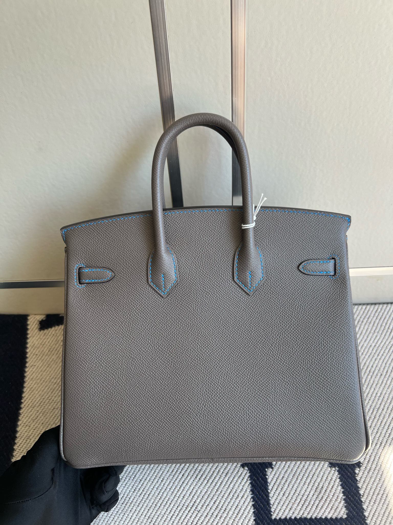 Hermès（爱马仕）Birkin 铂金包 Epsom 原厂掌纹皮 8F 锡器灰 内拼 水妖蓝 银扣 PHW 马蹄印 25cm
