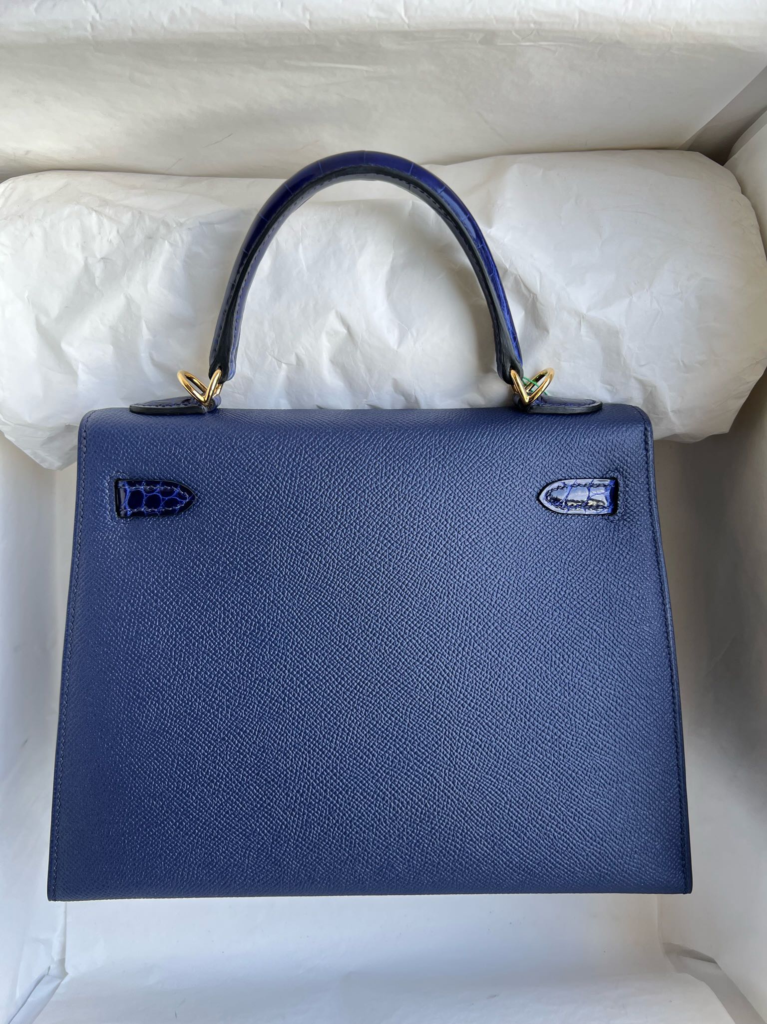 Hermès（爱马仕）Kelly 凯莉包 Touch 系列 Epsom 原厂掌纹皮 拼 亮面鳄鱼 宝石蓝 金扣 25cm 顶级手缝