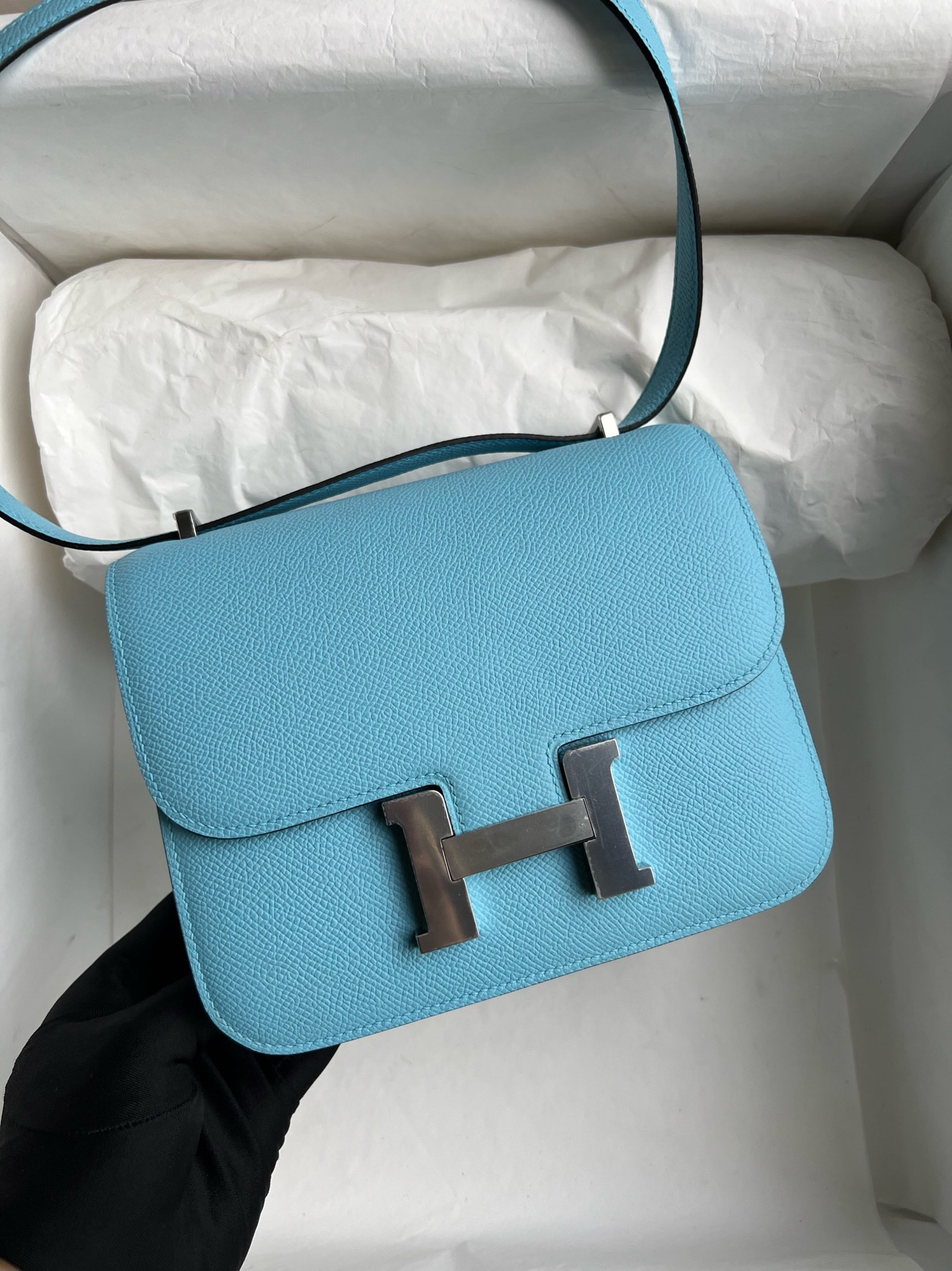 Hermès（爱马仕）Constance 空姐包 Epsom 原厂掌纹皮 糖果蓝 银扣 PHW 18cm 顶级手缝