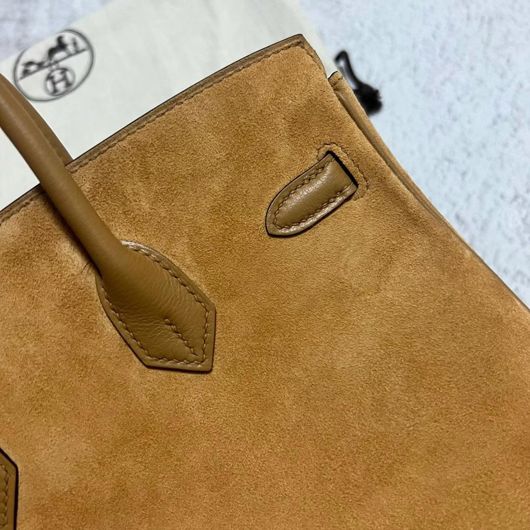 Hermès（爱马仕）Birkin 铂金包 麂皮 拼 Swift皮 4B 饼干色 银扣 25cm 全手工蜡线缝制