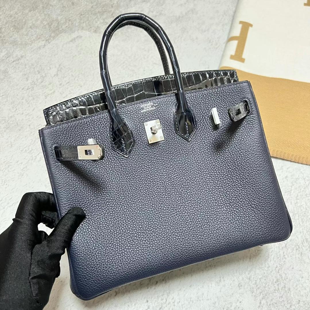 Hermès（爱马仕）Birkin Touch Togo 拼 亮面鳄鱼皮 深海蓝 银扣 25cm
