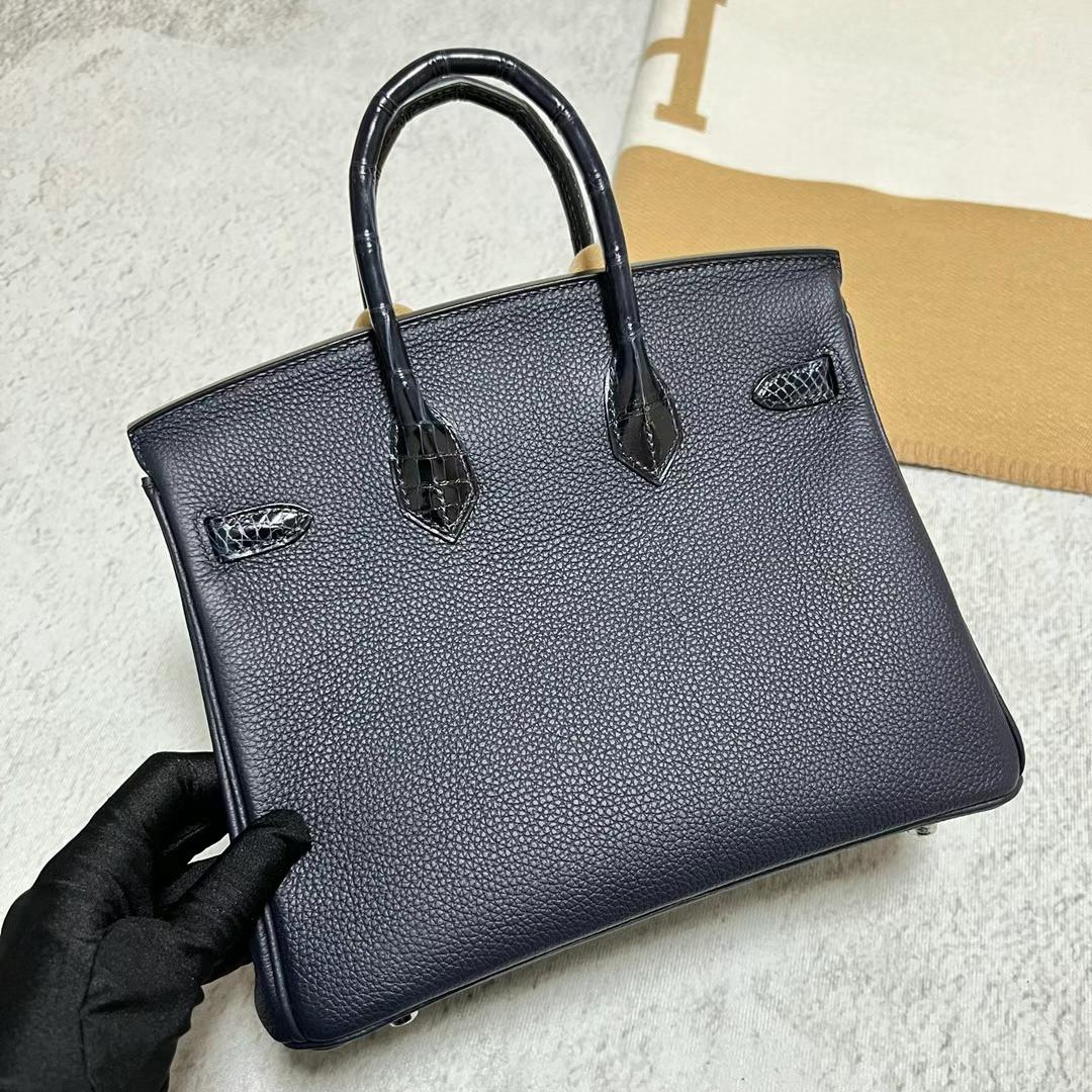 Hermès（爱马仕）Birkin Touch Togo 拼 亮面鳄鱼皮 深海蓝 银扣 25cm