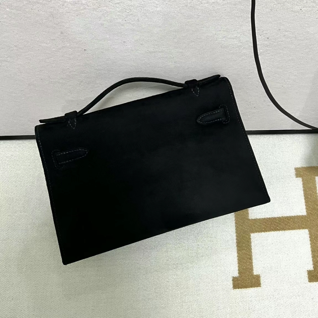 Hermès（爱马仕）Mini Kelly Pochette Suede 麂皮 Ck89 黑色 银扣 22cm 全手工蜡线缝制