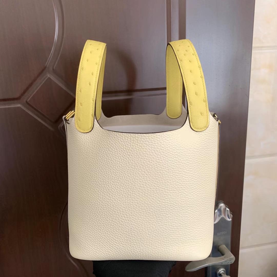 Hermès（爱马仕）Picotin Touch Clemence 拼 Ostrich i2 奶油白 拼 糖果黄 金扣 18cm