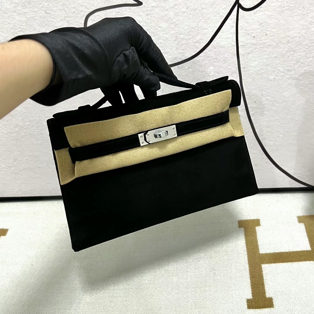 Hermès（爱马仕）Mini Kelly Pochette Suede 麂皮 Ck89 黑色 银扣 22cm 全手工蜡线缝制