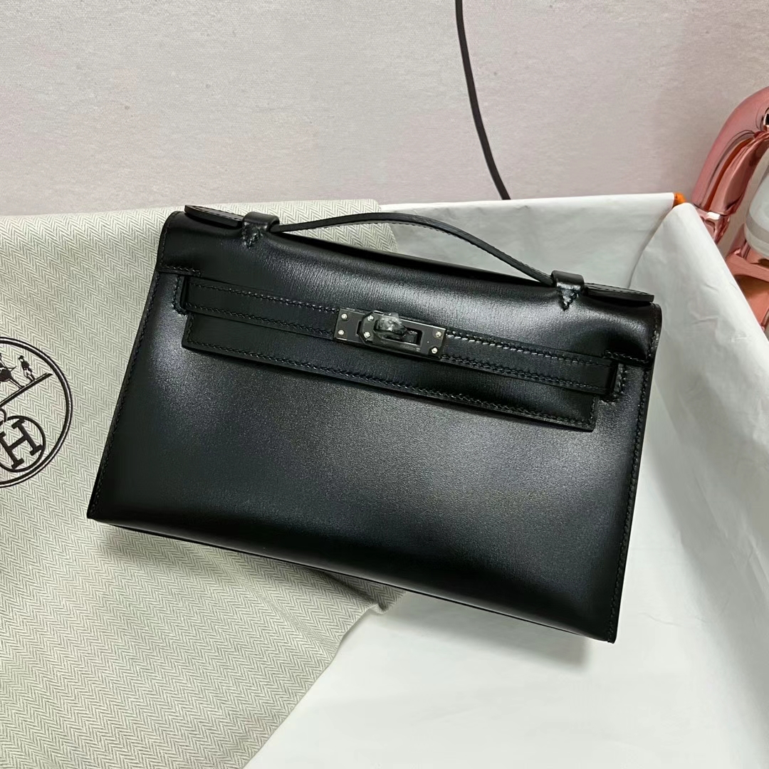 Hermès（爱马仕）Mini Kelly Pochette Box皮 Ck89 黑色 黑扣 22cm 全手工蜡线缝制