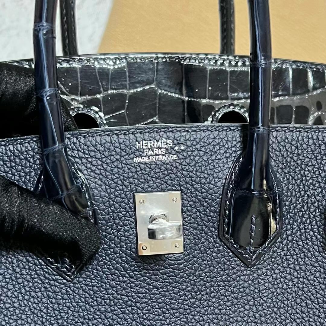 Hermès（爱马仕）Birkin Touch Togo 拼 亮面鳄鱼皮 深海蓝 银扣 25cm
