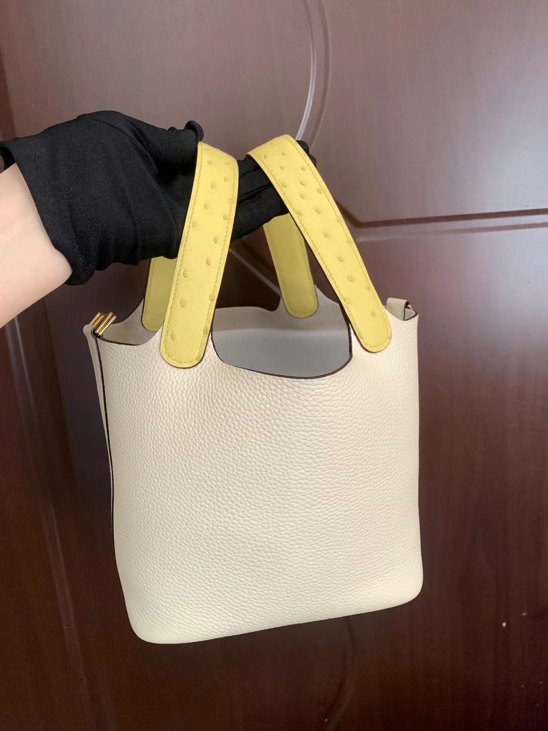 Hermès（爱马仕）Picotin Touch Clemence 拼 Ostrich i2 奶油白 拼 糖果黄 金扣 18cm