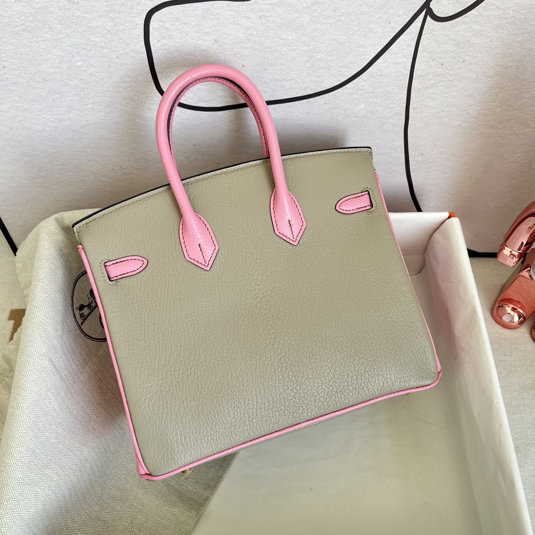 Hermès（爱马仕）Birkin 铂金包 Chevre 山羊皮 斑鸠灰 拼 樱花粉 金扣 25cm 马蹄印 顶级手缝
