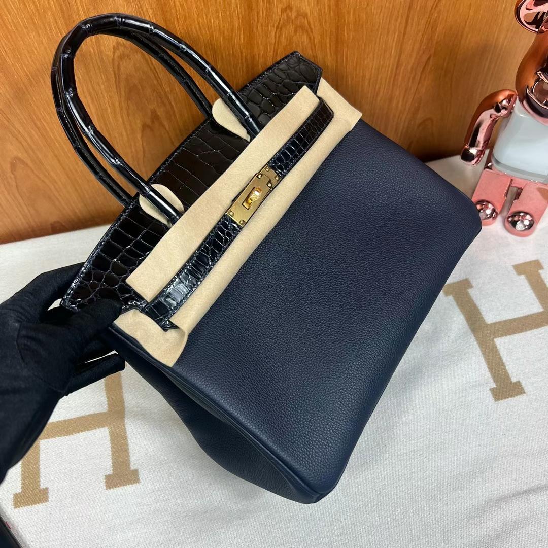 Hermès（爱马仕）Birkin 铂金包 Touch Togo皮 拼 亮面尼罗 2Z 午夜蓝 拼 深海蓝  金扣 30cm