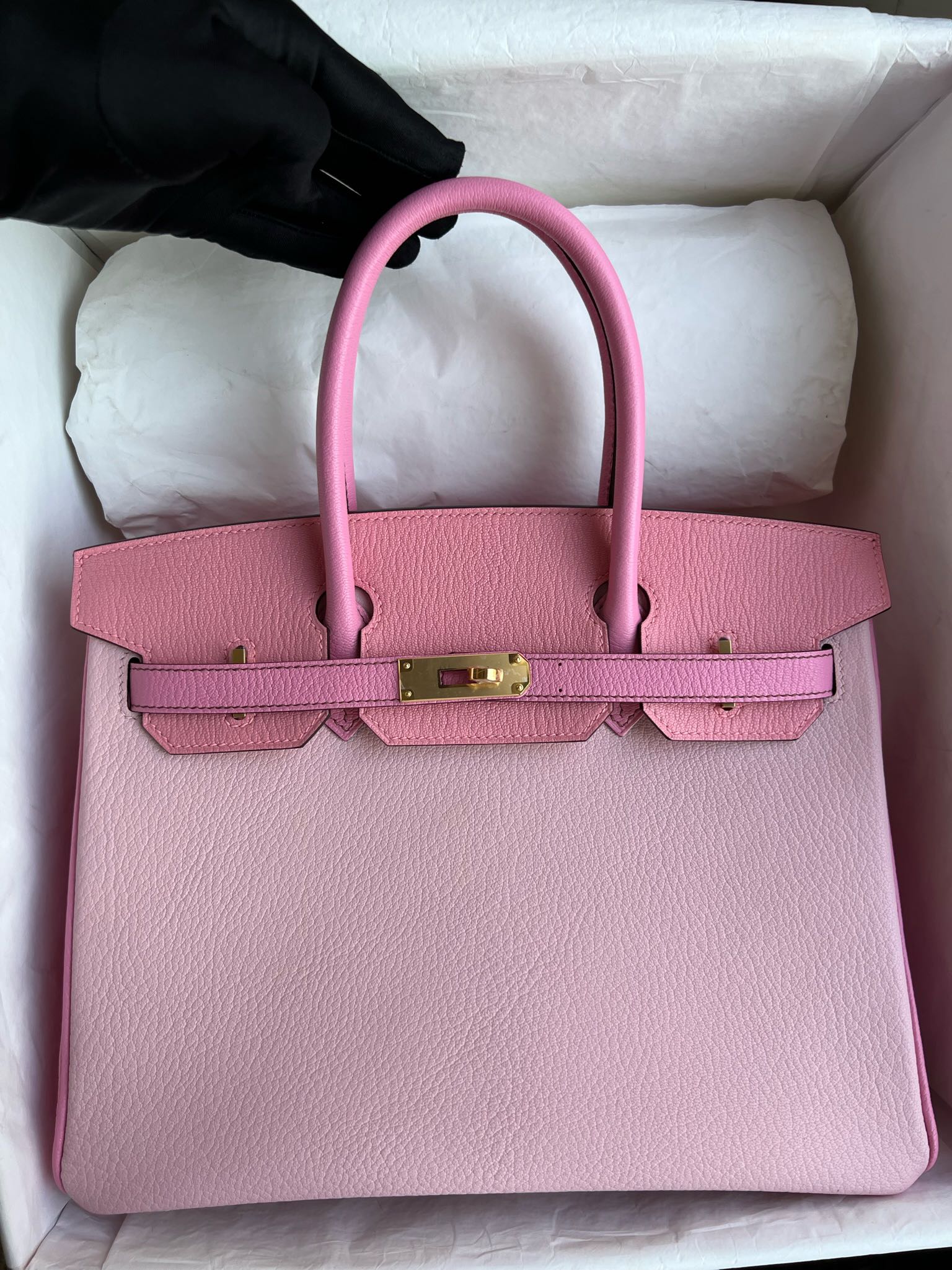 Hermès（爱马仕）Birkin 铂金包 Chevre 山羊皮 3Q 奶昔粉 拼 樱花粉 金扣 GHW 30cm 顶级手缝