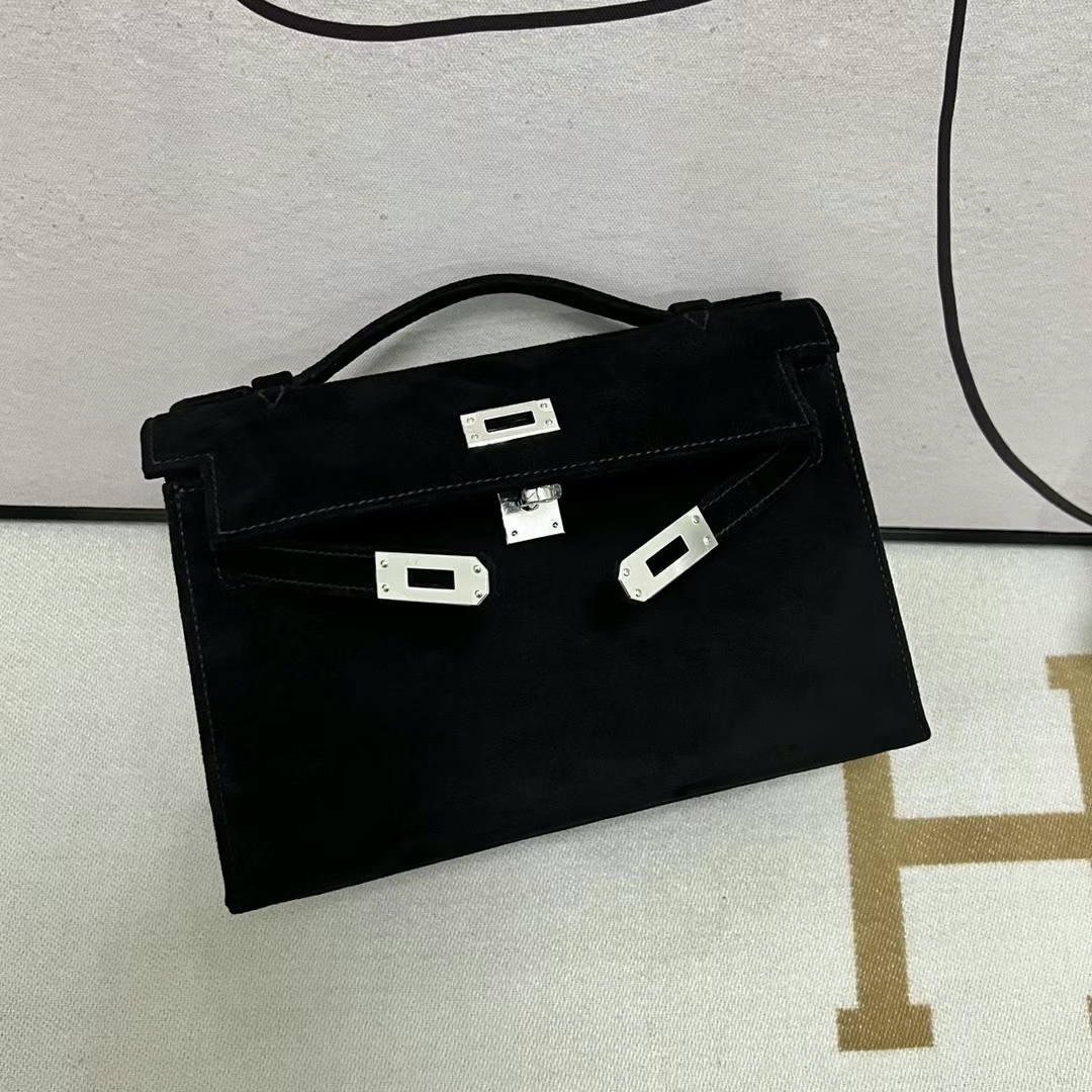 Hermès（爱马仕）Mini Kelly Pochette Suede 麂皮 Ck89 黑色 银扣 22cm 全手工蜡线缝制
