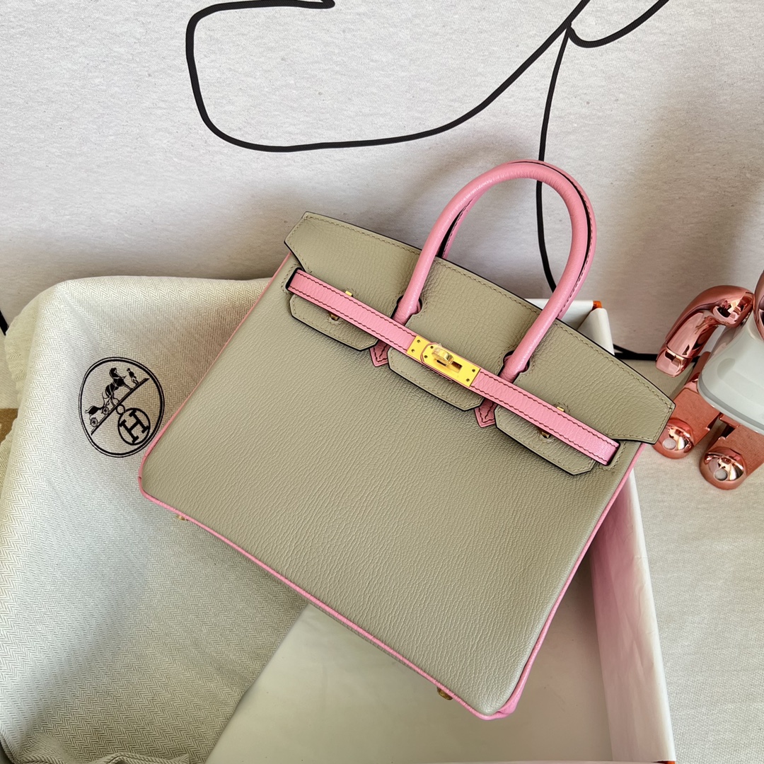 Hermès（爱马仕）Birkin 铂金包 Chevre 山羊皮 斑鸠灰 拼 樱花粉 金扣 25cm 马蹄印 顶级手缝