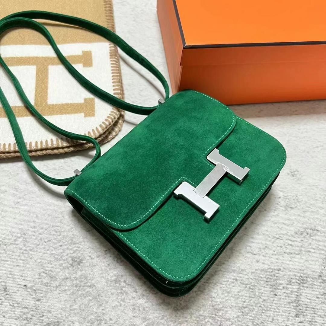 Hermès（爱马仕）Constance 康康 麂皮 Suede U4 丝绒绿 银扣 19cm 全手工蜡线缝制 Phw