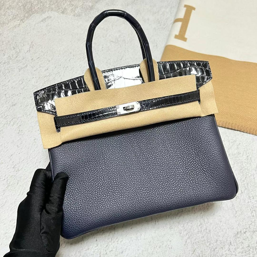 Hermès（爱马仕）Birkin Touch Togo 拼 亮面鳄鱼皮 深海蓝 银扣 25cm
