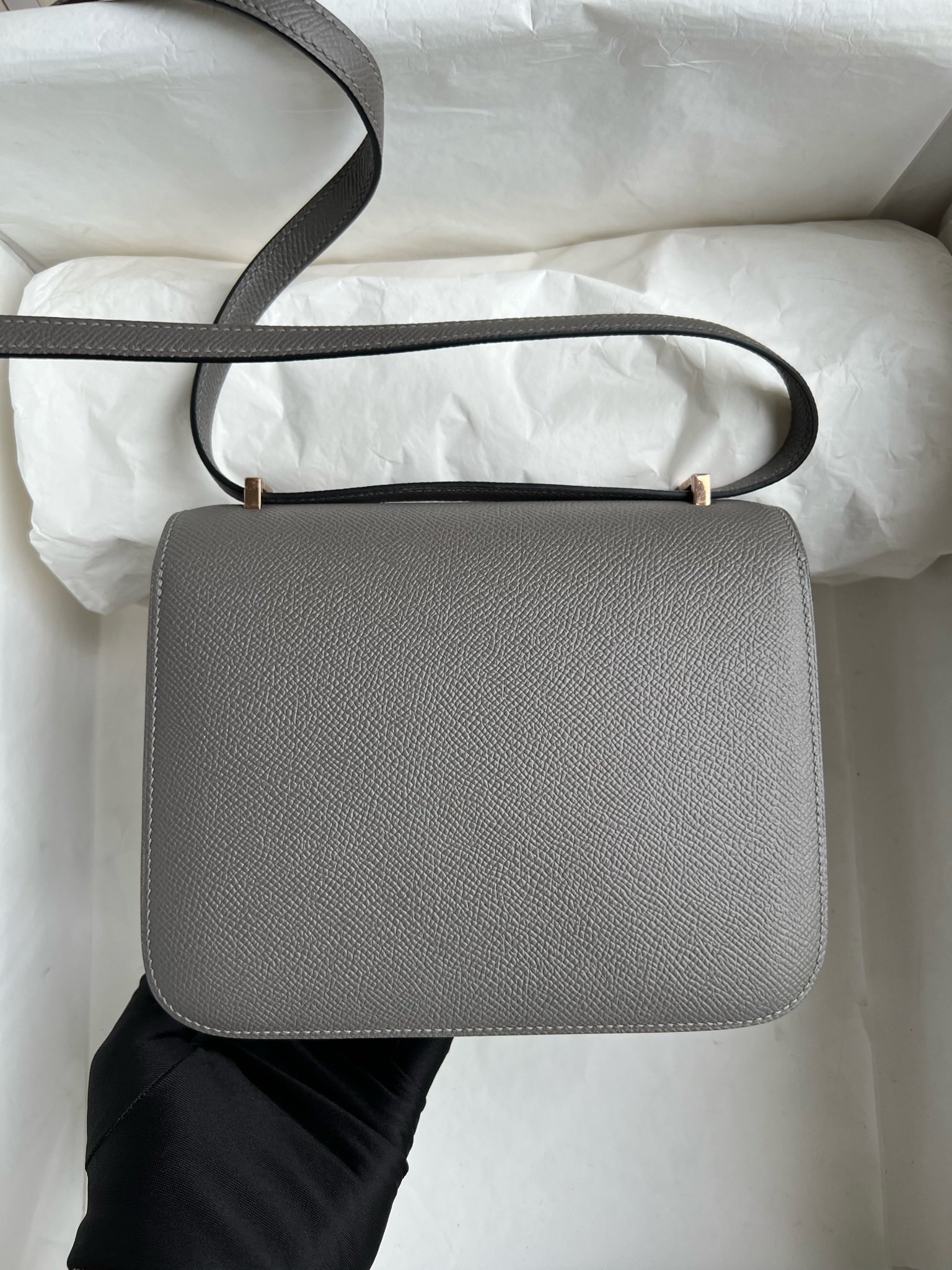 Hermès（爱马仕）Constance 空姐包 Epsom 原厂掌纹皮 OL 积雨云灰 Gris meyer 玫瑰金扣 Rose gold 18cm 顶级手缝