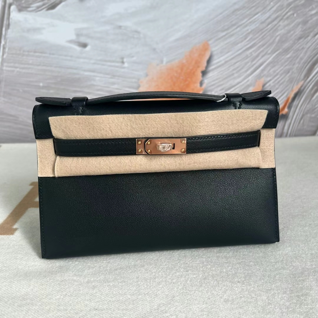 Hermès（爱马仕）Mini Kelly Pochette Swift皮 Ck89 黑色 玫瑰金扣 22cm 全手工蜡线缝制 Rghw