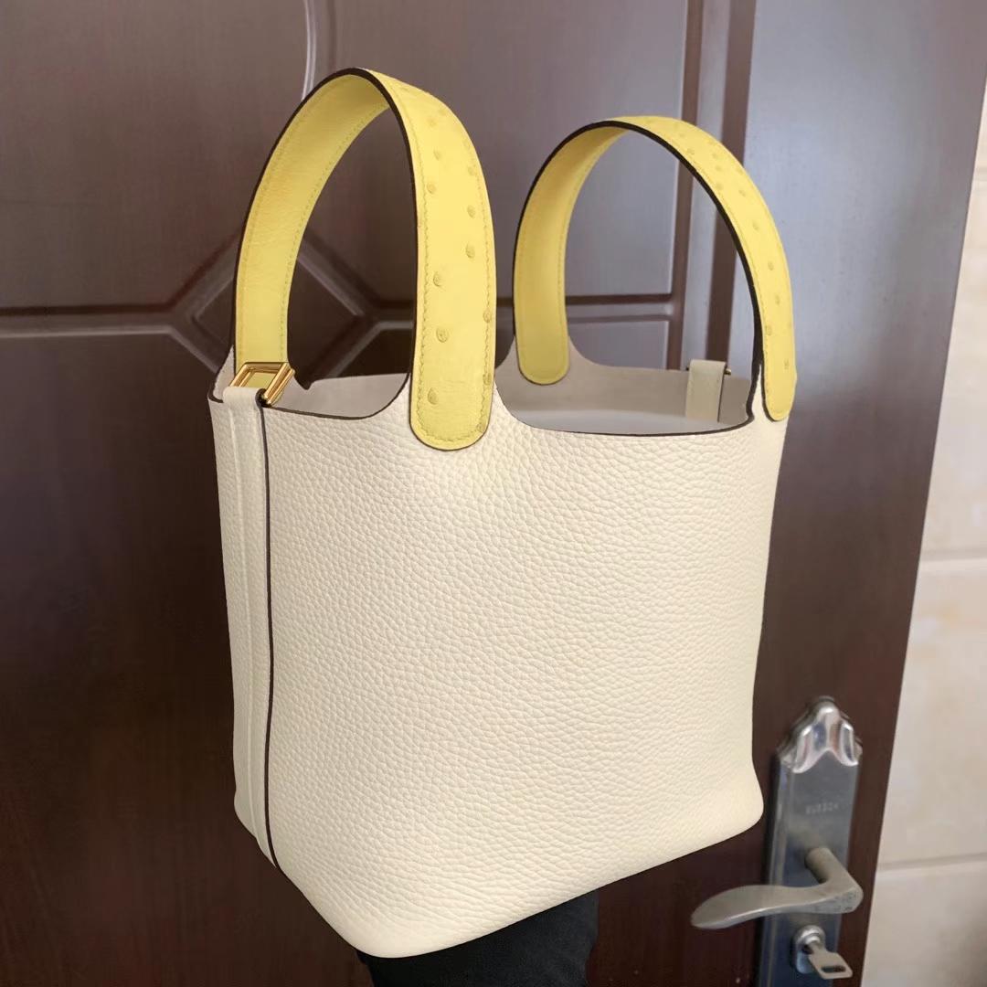 Hermès（爱马仕）Picotin Touch Clemence 拼 Ostrich i2 奶油白 拼 糖果黄 金扣 18cm