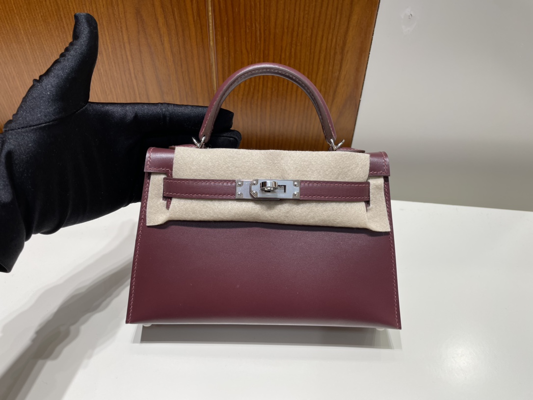 Hermès（爱马仕）Mini kelly 迷你凯莉 Boxcalf 酒红色 银扣 phw 顶级手缝 19cm
