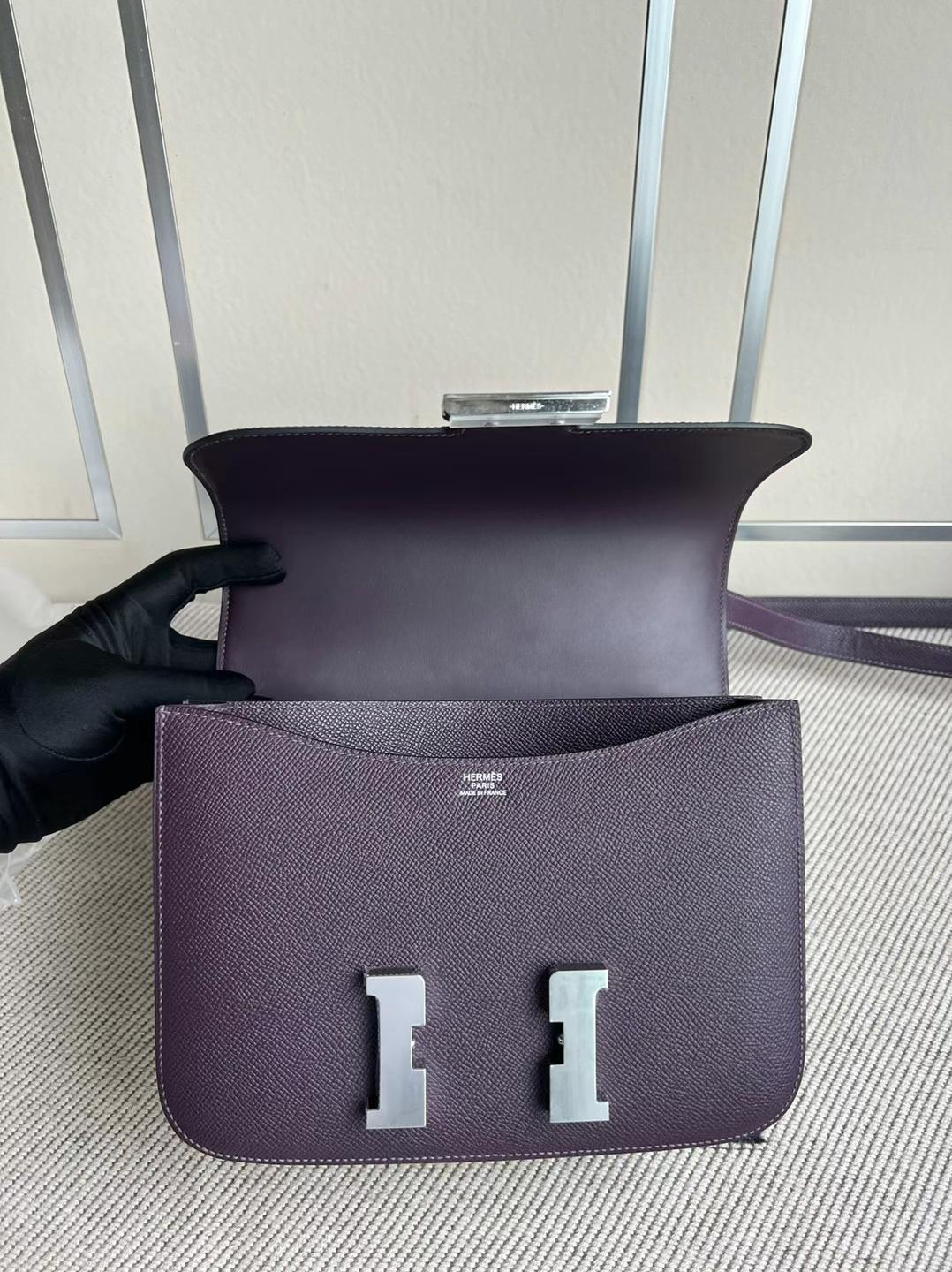 Hermès（爱马仕）Constance 康康 Epsom Ck59 葡萄紫 银扣 PHW 24cm 全手工蜡线缝制