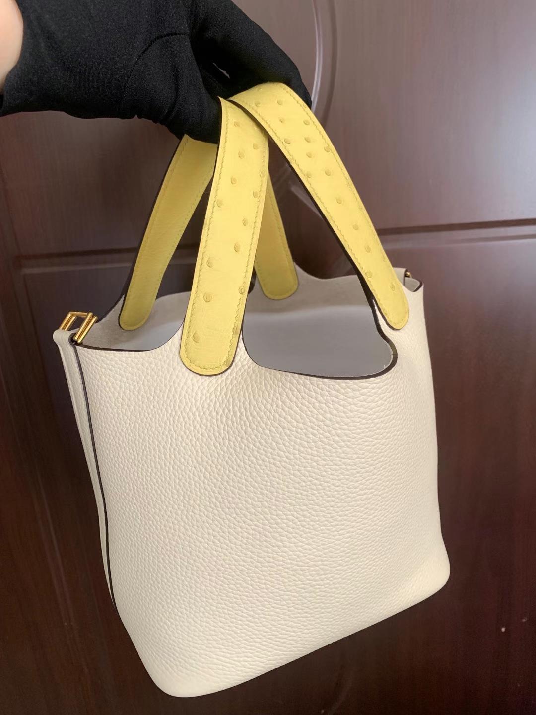 Hermès（爱马仕）Picotin Touch Clemence 拼 Ostrich i2 奶油白 拼 糖果黄 金扣 18cm