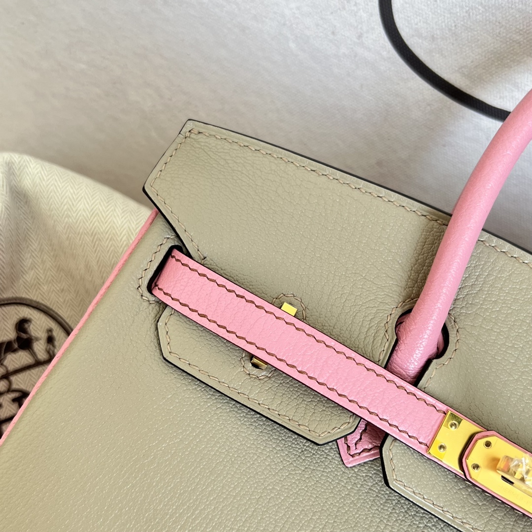 Hermès（爱马仕）Birkin 铂金包 Chevre 山羊皮 斑鸠灰 拼 樱花粉 金扣 25cm 马蹄印 顶级手缝