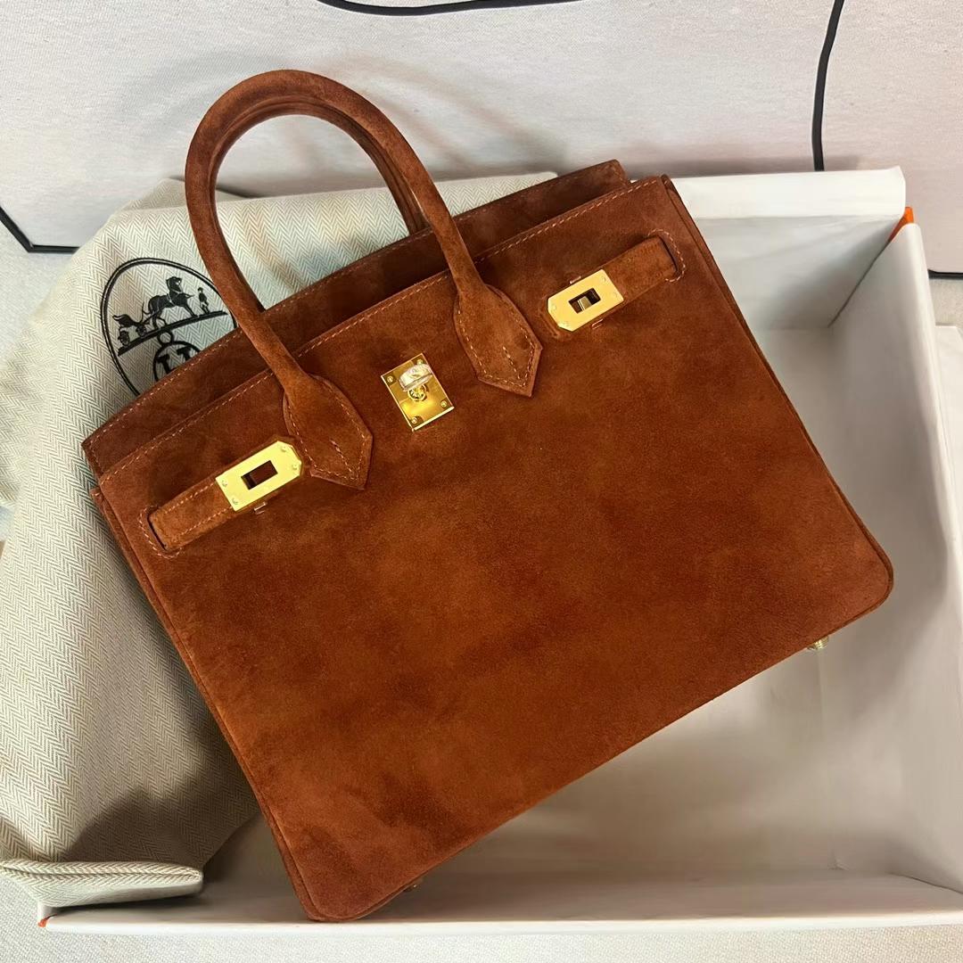 Hermès（爱马仕）Birkin 铂金包 进口麂皮 Suede 泰迪色 金扣 25cm 全手工蜡线缝制 Ghw