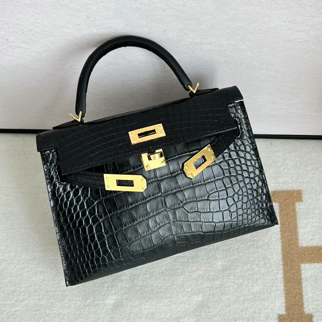 Hermès（爱马仕）Mini Kelly 迷你凯莉 雾面美洲鳄 Matte Alligator Crocodile Ck89 黑色 金扣 19cm