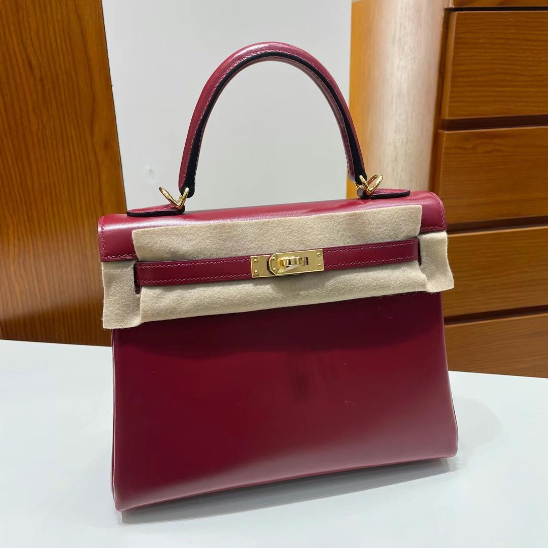Hermès（爱马仕）Kelly 凯莉包 内缝 Box 酒红色 金扣 25cm 全手工蜡线缝制 Ghw