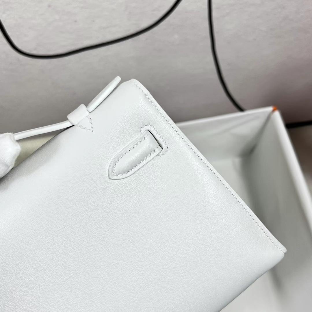 Hermès（爱马仕）Mini Kelly Pochette Swift皮 01 纯白 银扣 22cm 全手工蜡线缝制 PHW