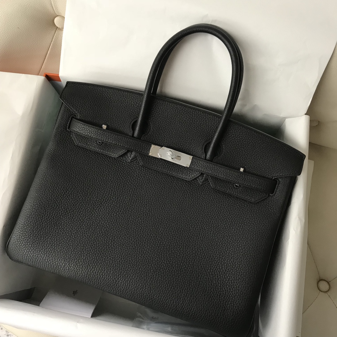 Hermès（爱马仕）Birkin 铂金包 原厂小牛皮 Togo ck89 黑色 Noir 银扣 30cm 顶级手缝