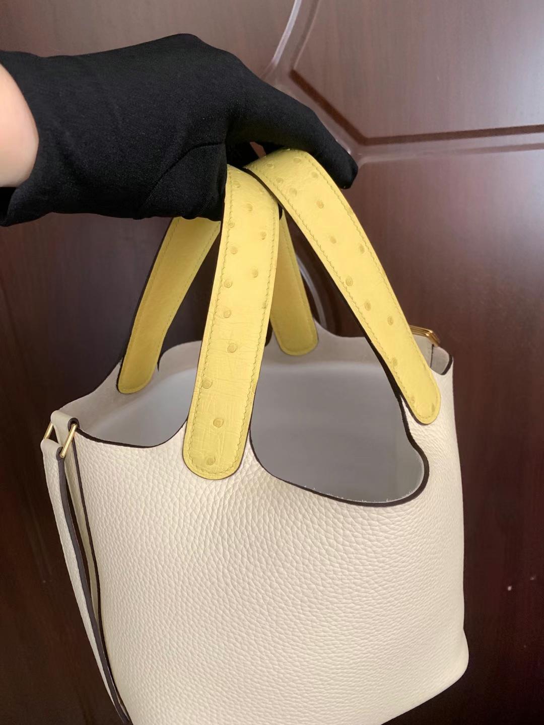 Hermès（爱马仕）Picotin Touch Clemence 拼 Ostrich i2 奶油白 拼 糖果黄 金扣 18cm