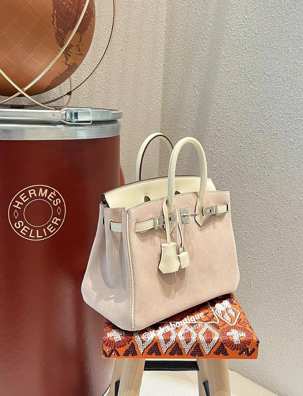 Hermès（爱马仕）Birkin Suede 拼 Swift 香芋色 拼 奶油白 银扣 25cm