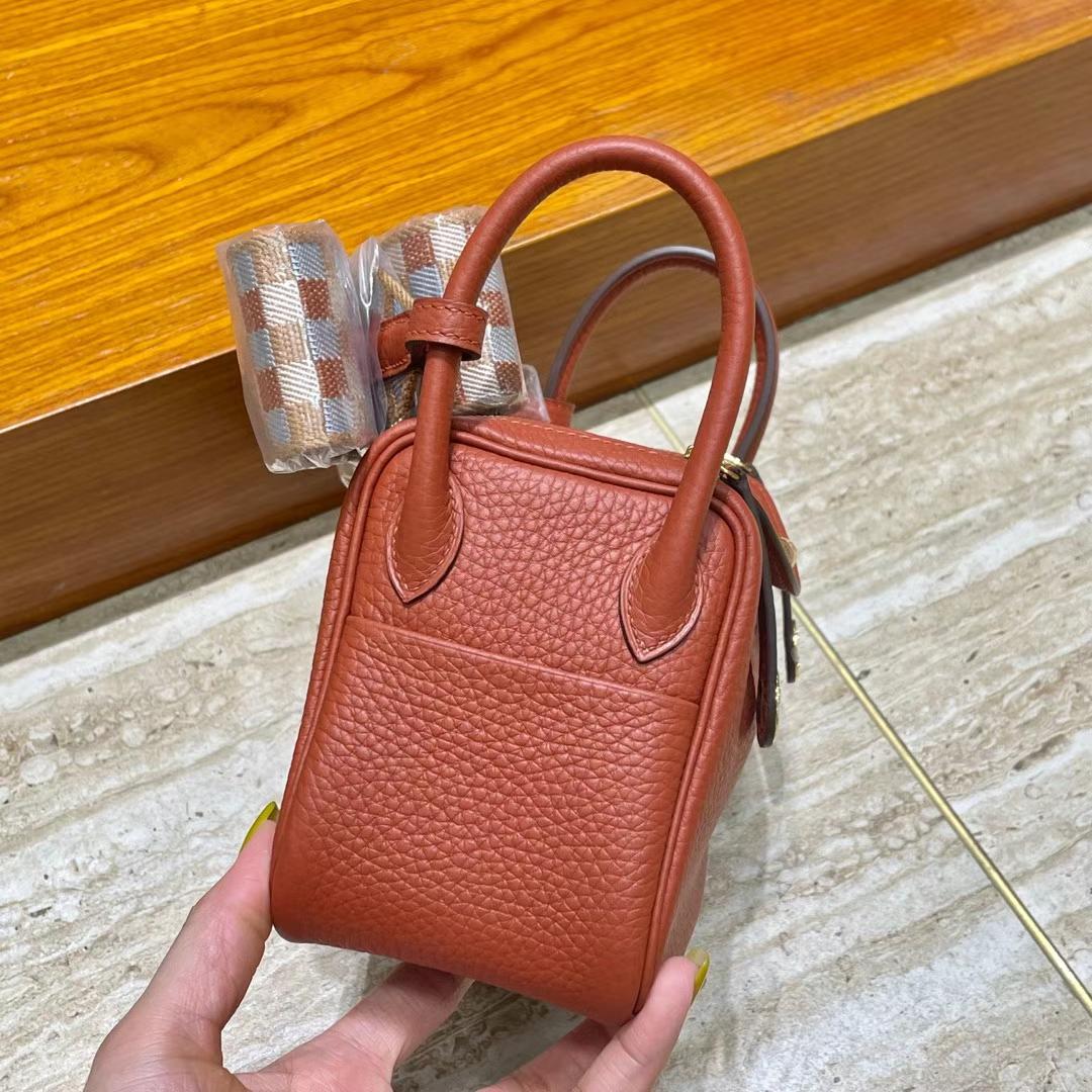 Hermès（爱马仕）Mini Lindy 迷你琳迪 Clemence 拼 编织布 肩带 南瓜色 金扣 20cm