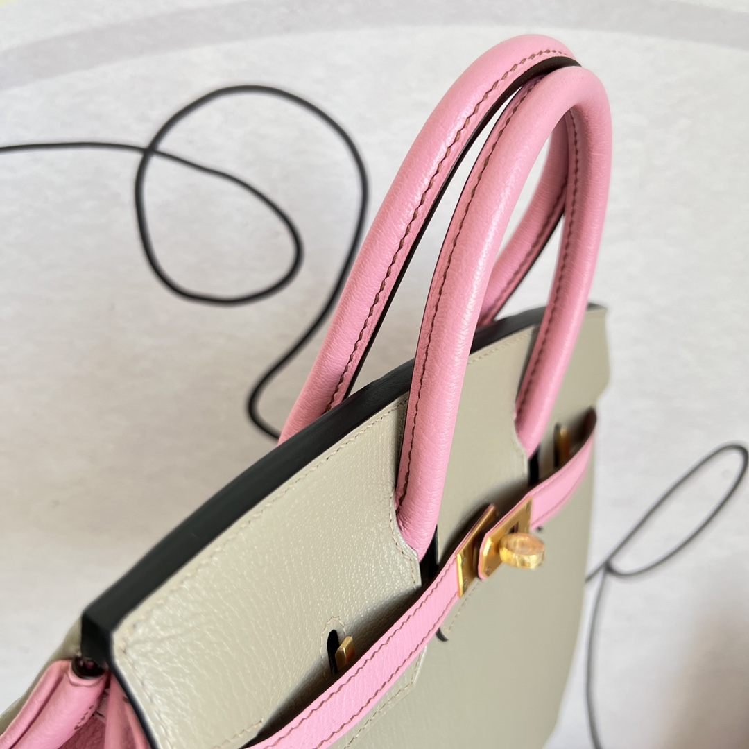 Hermès（爱马仕）Birkin 铂金包 Chevre 山羊皮 斑鸠灰 拼 樱花粉 金扣 25cm 马蹄印 顶级手缝