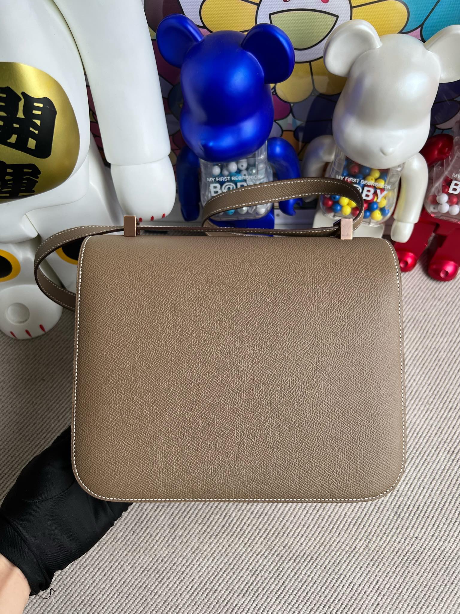 Hermès（爱马仕）Constance 空姐包 Epsom 原厂掌纹皮 ck18 大象灰 Etoupe 玫瑰金扣 Rose gold 24cm