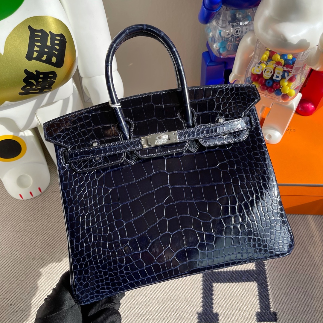 Hermès（爱马仕）Birkin 铂金包 Alligator shiny 亮面鳄鱼 7k 宝石蓝 Blue saphir 银扣 GHW 25cm 顶级手缝